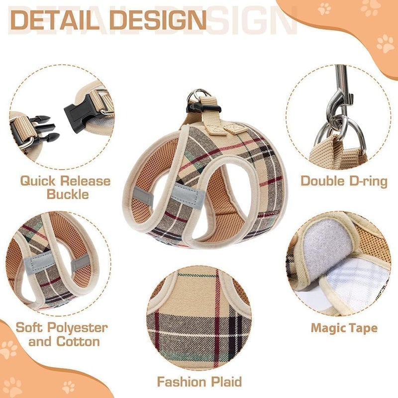 KOOLTAIL Dog Harness for Small Medium Dogs,Dog Harness and Leash Set, Step in No Pull Soft Mesh Padded Adjustable and Reflective Pet Vest Harness Puppy, Plaid Extra Harness for XS S Dogs, Beige XS - Image 3